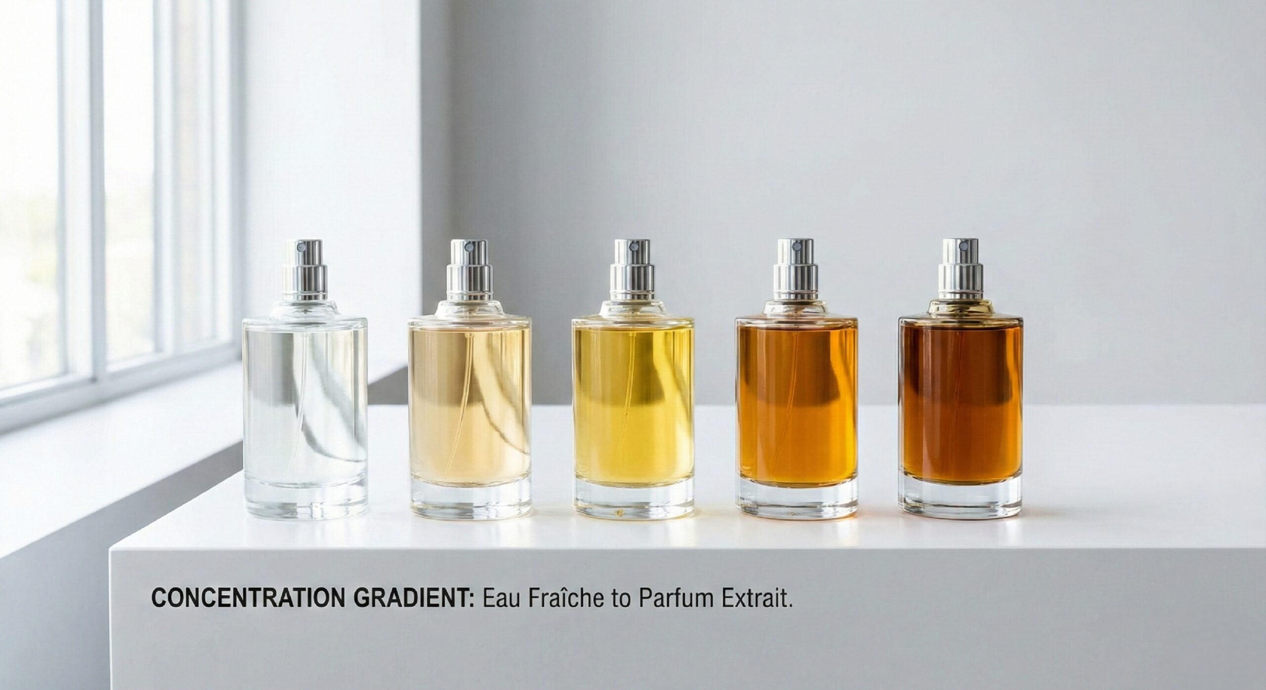 زجاجات عطر فخمة توضح الفرق بين Eau de Parfum و Extrait وتدرج التركيز