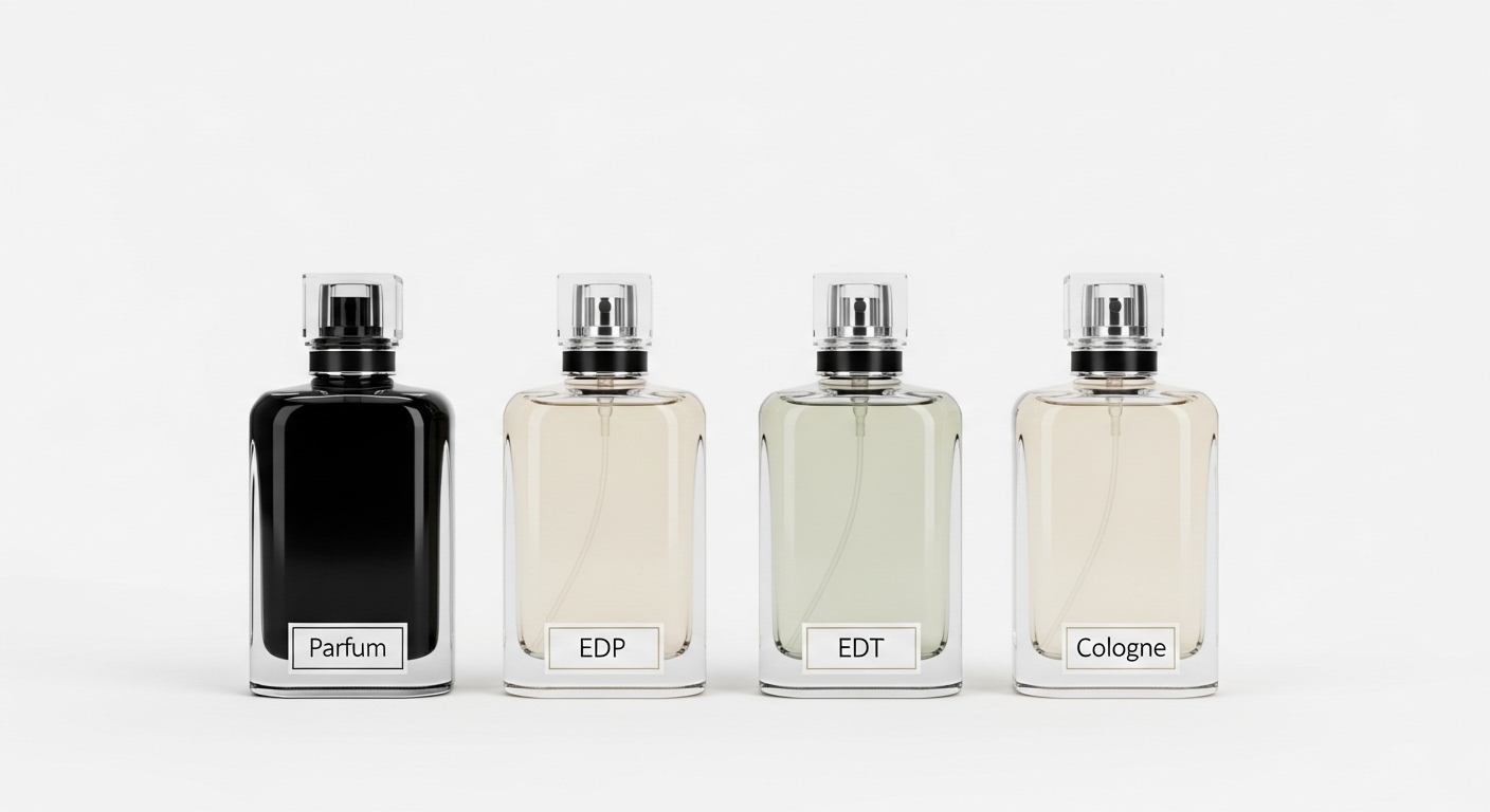 زجاجات عطر توضح تقسيم العطور حسب التركيز